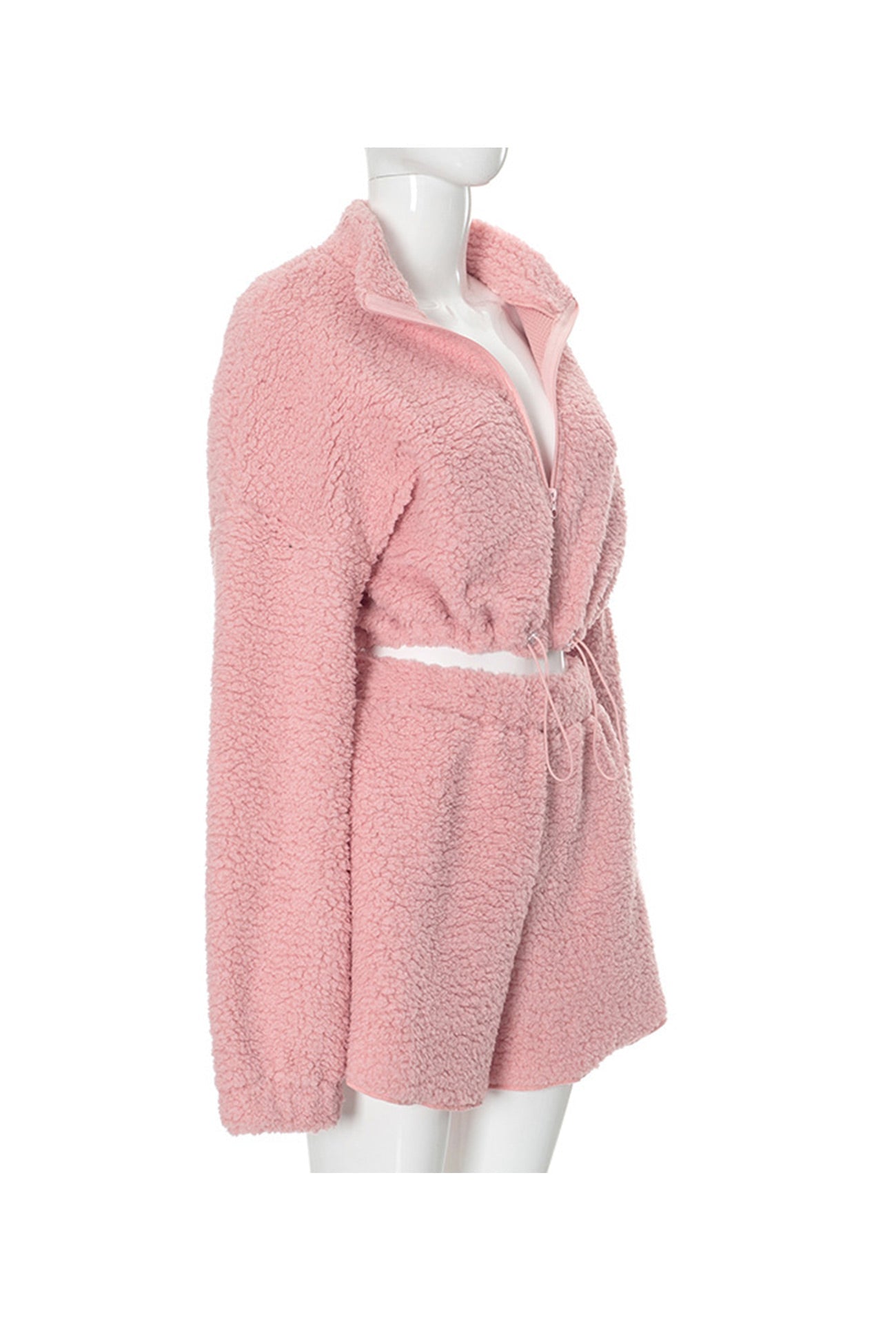 Plush Drawstring Crop Hoodie Shorts Set