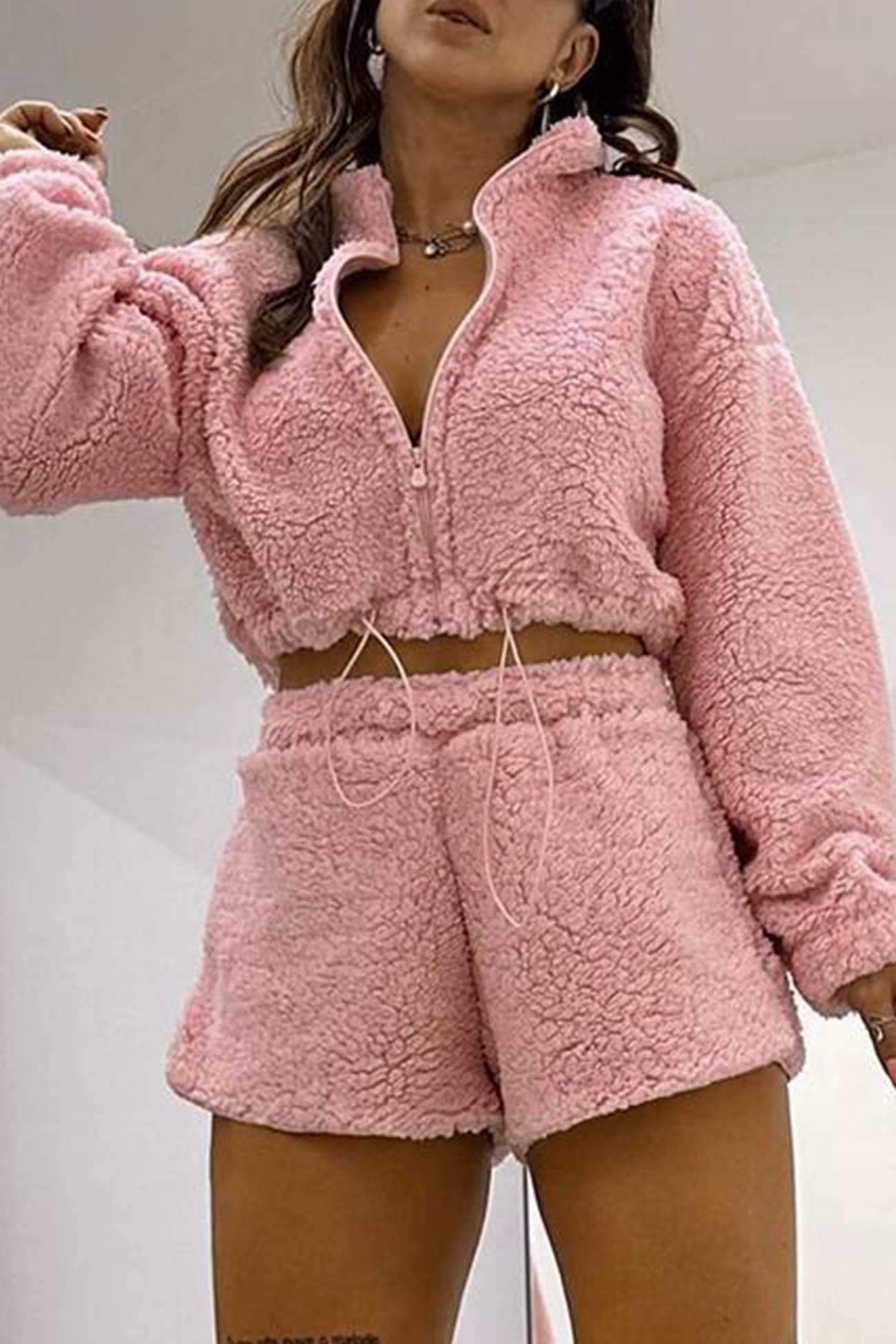 Plush Drawstring Crop Hoodie Shorts Set