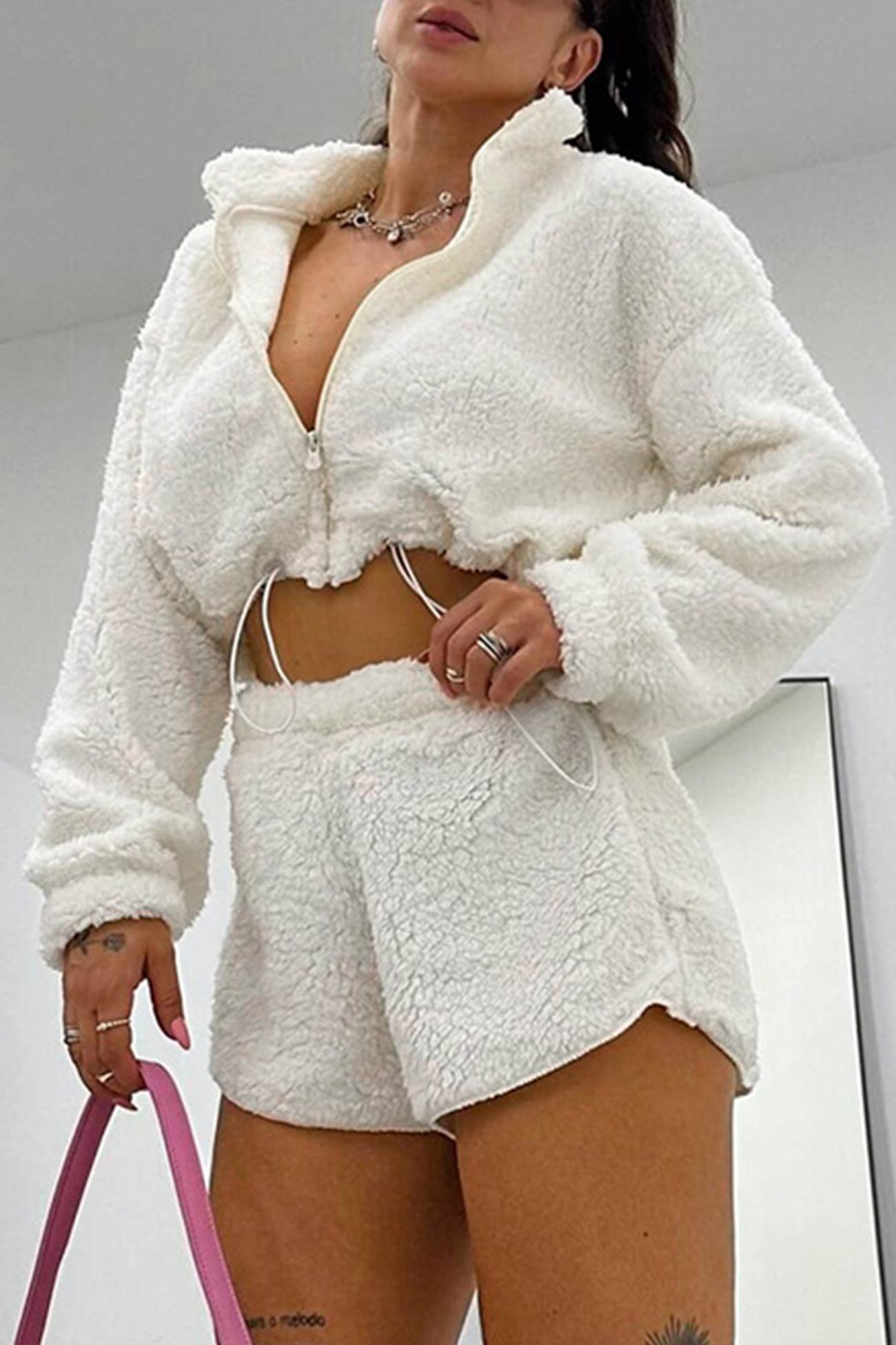 Plush Drawstring Crop Hoodie Shorts Set