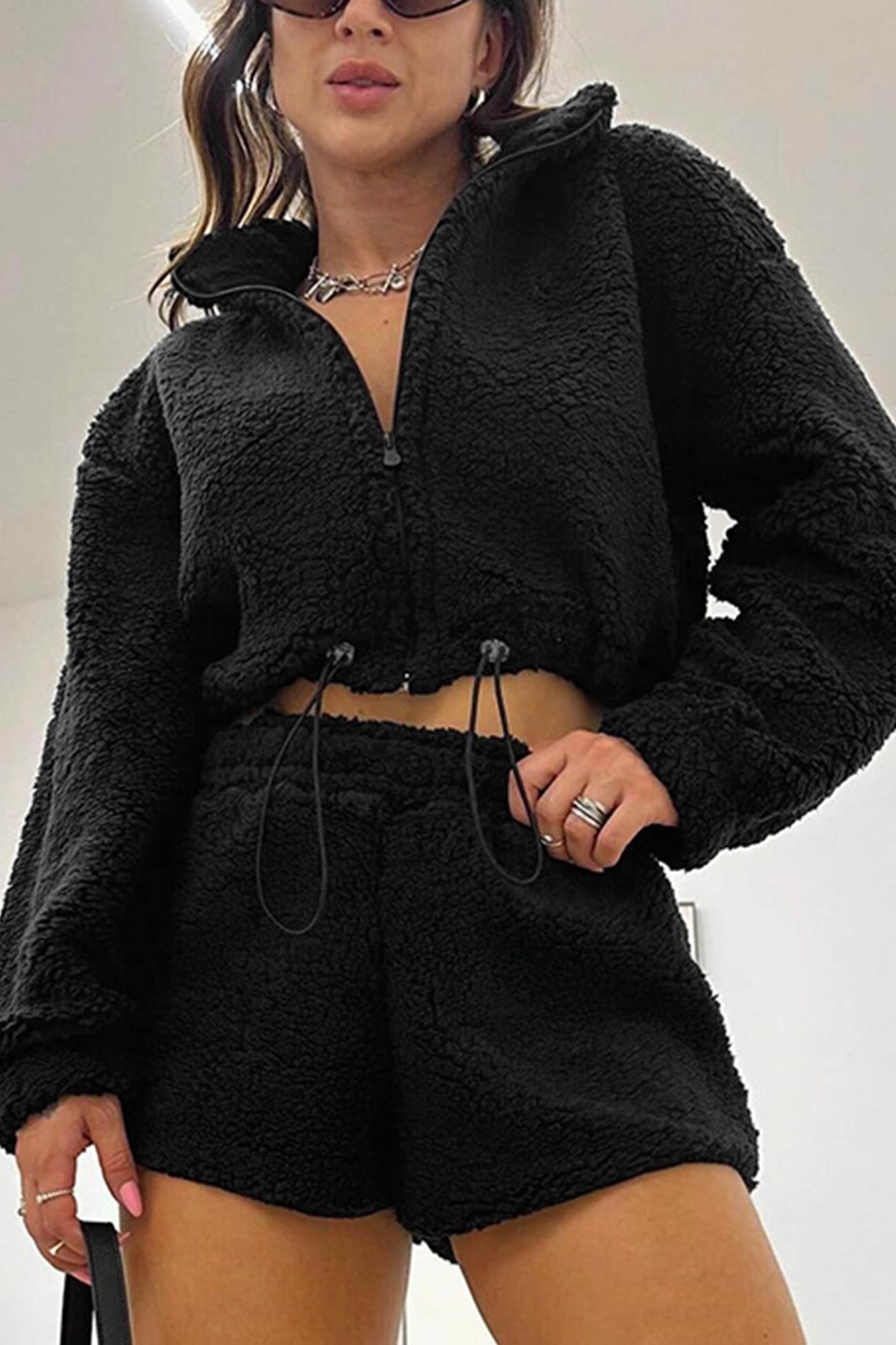 Plush Drawstring Crop Hoodie Shorts Set