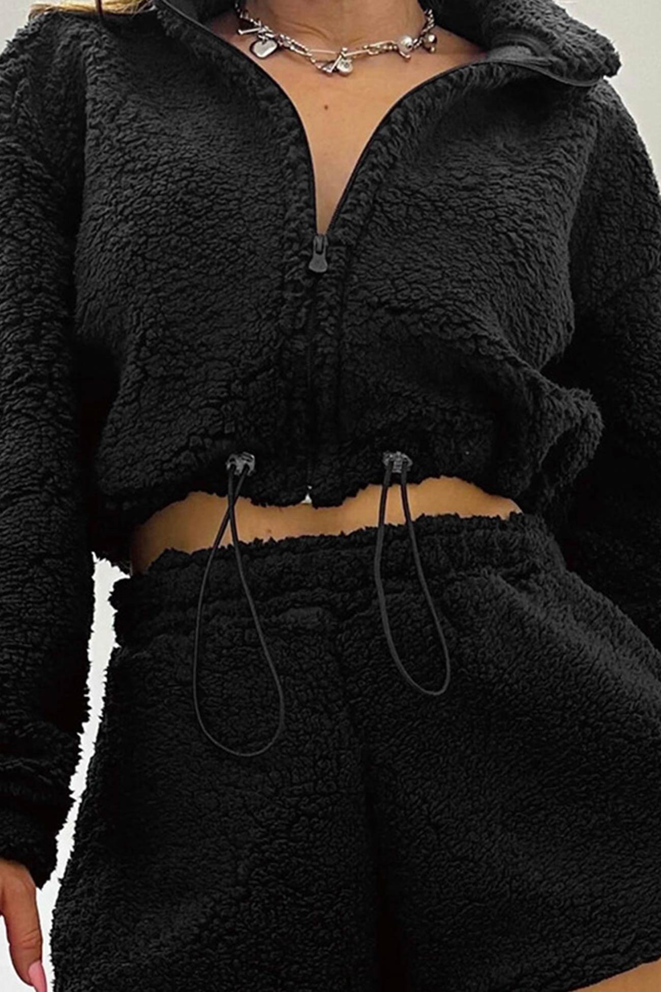 Plush Drawstring Crop Hoodie Shorts Set