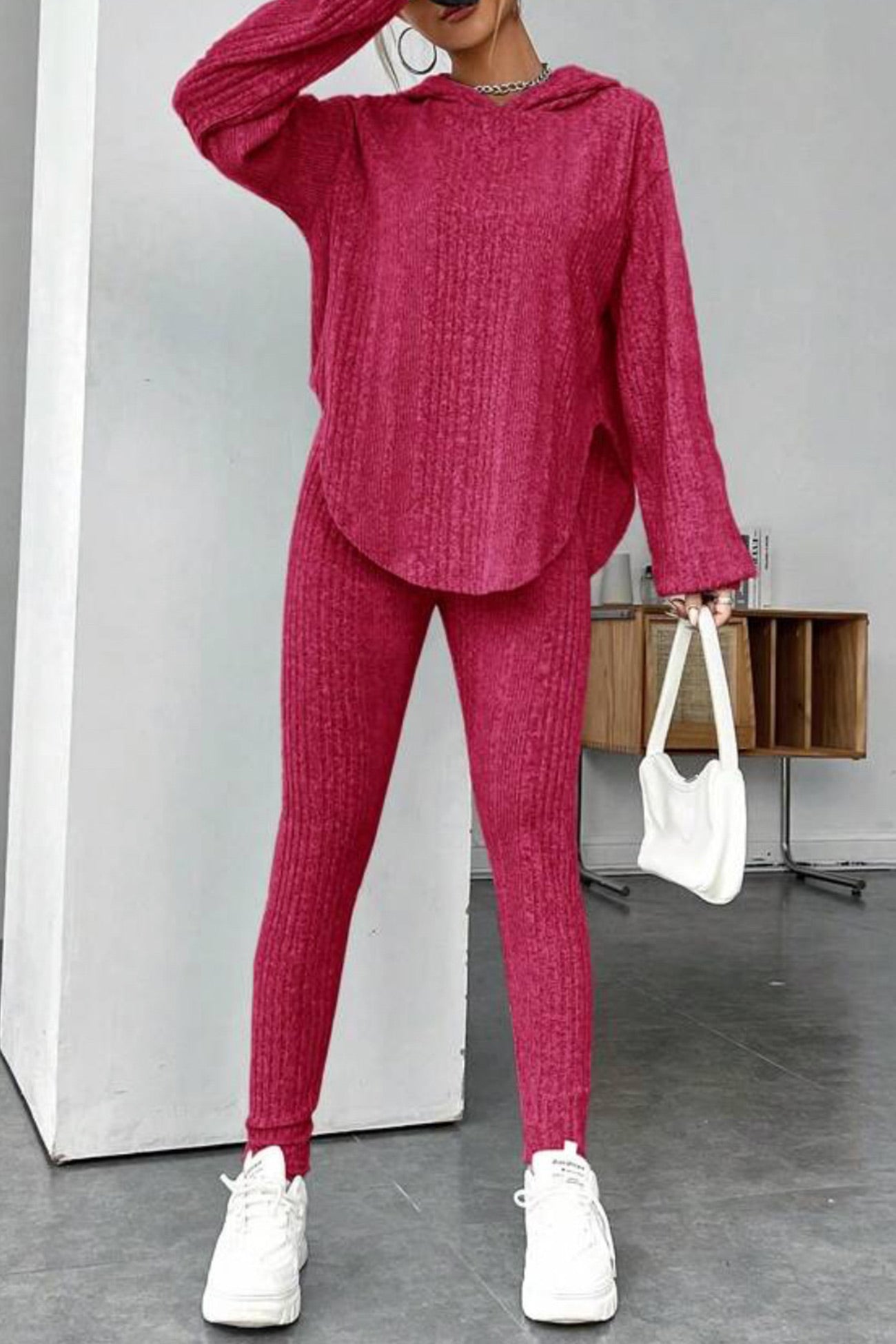 Ribbed Slit Curved Hem Hoodie Legging Set