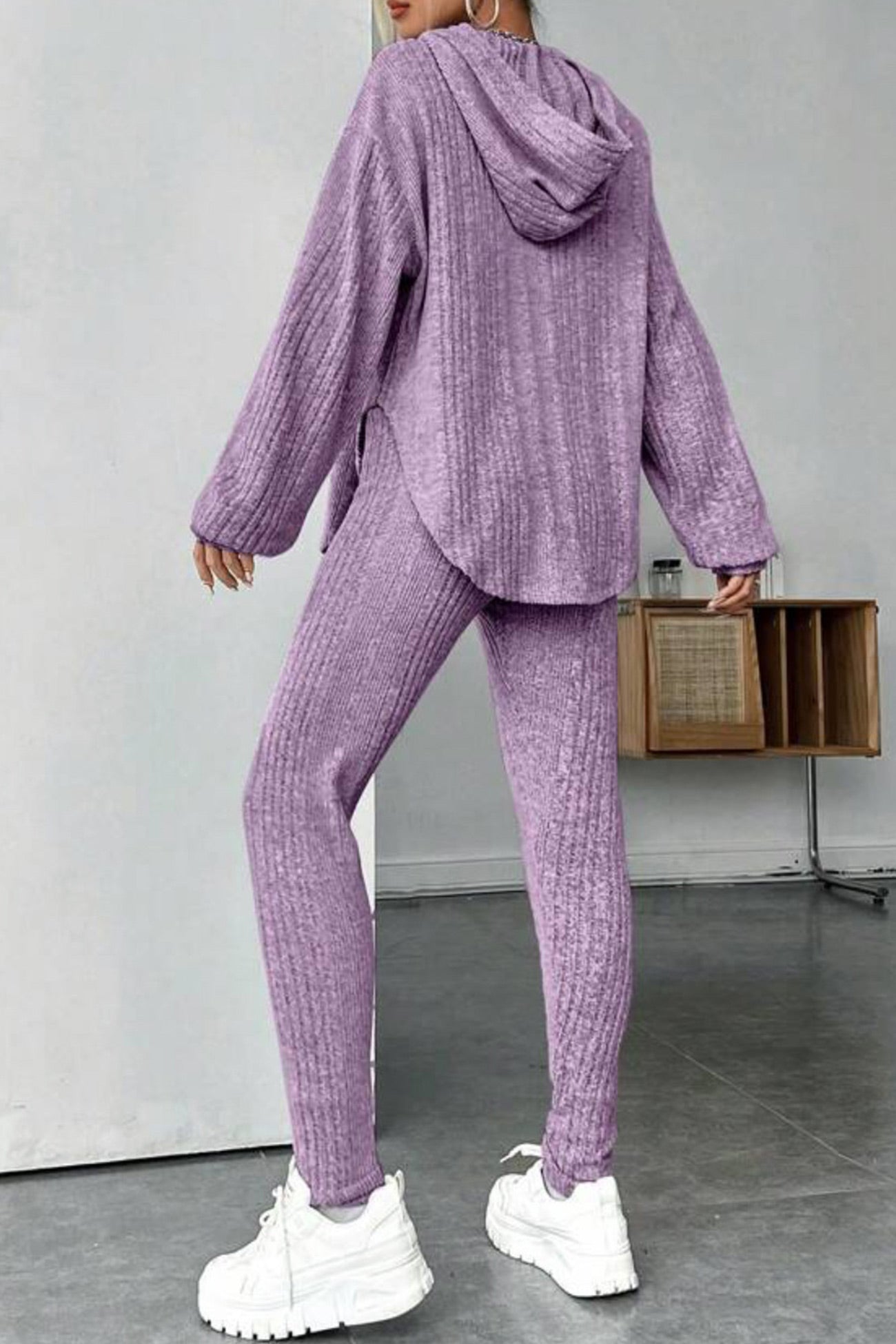 Ribbed Slit Curved Hem Hoodie Legging Set
