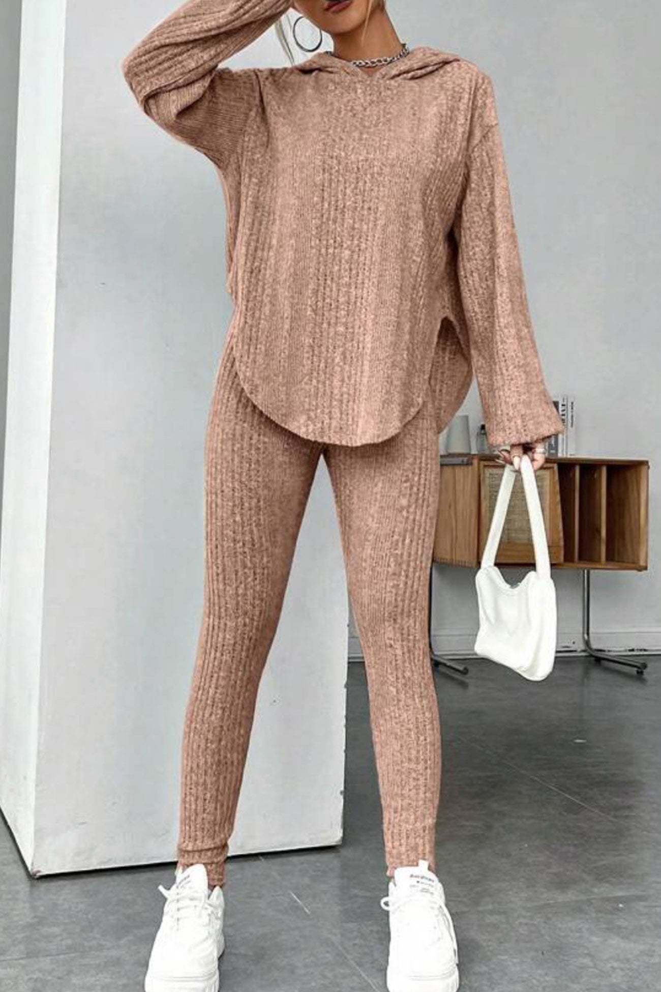 Ribbed Slit Curved Hem Hoodie Legging Set