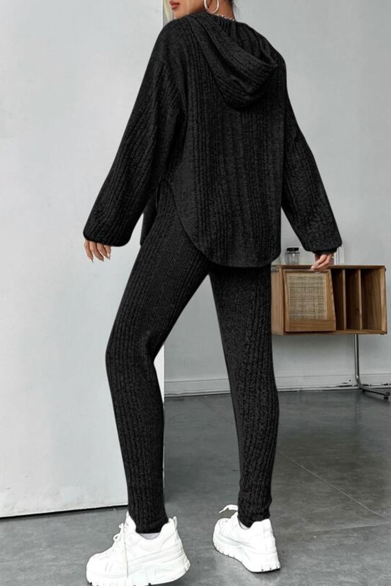 Ribbed Slit Curved Hem Hoodie Legging Set
