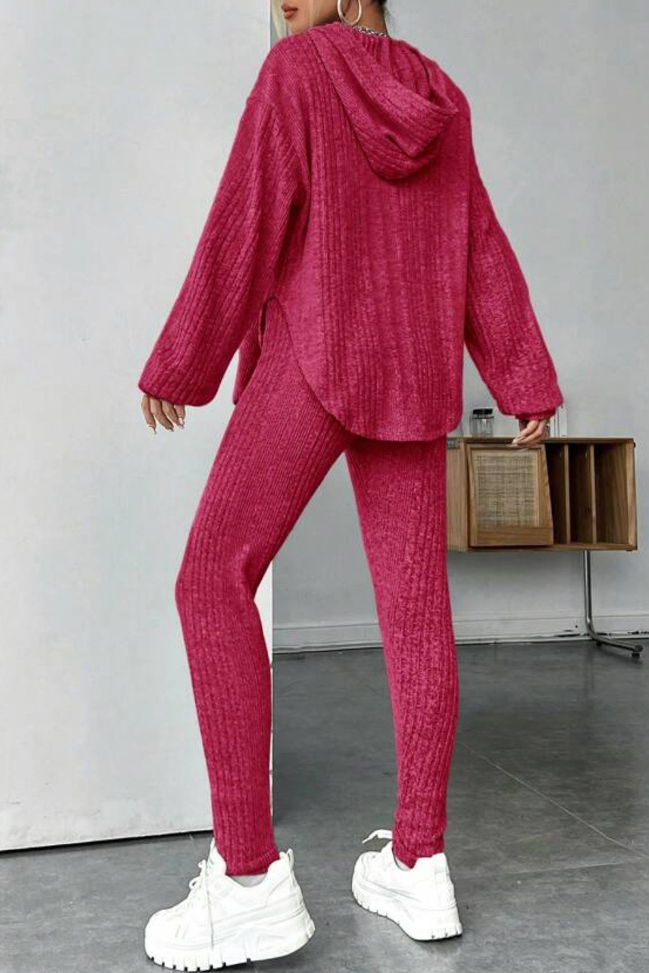 Ribbed Slit Curved Hem Hoodie Legging Set