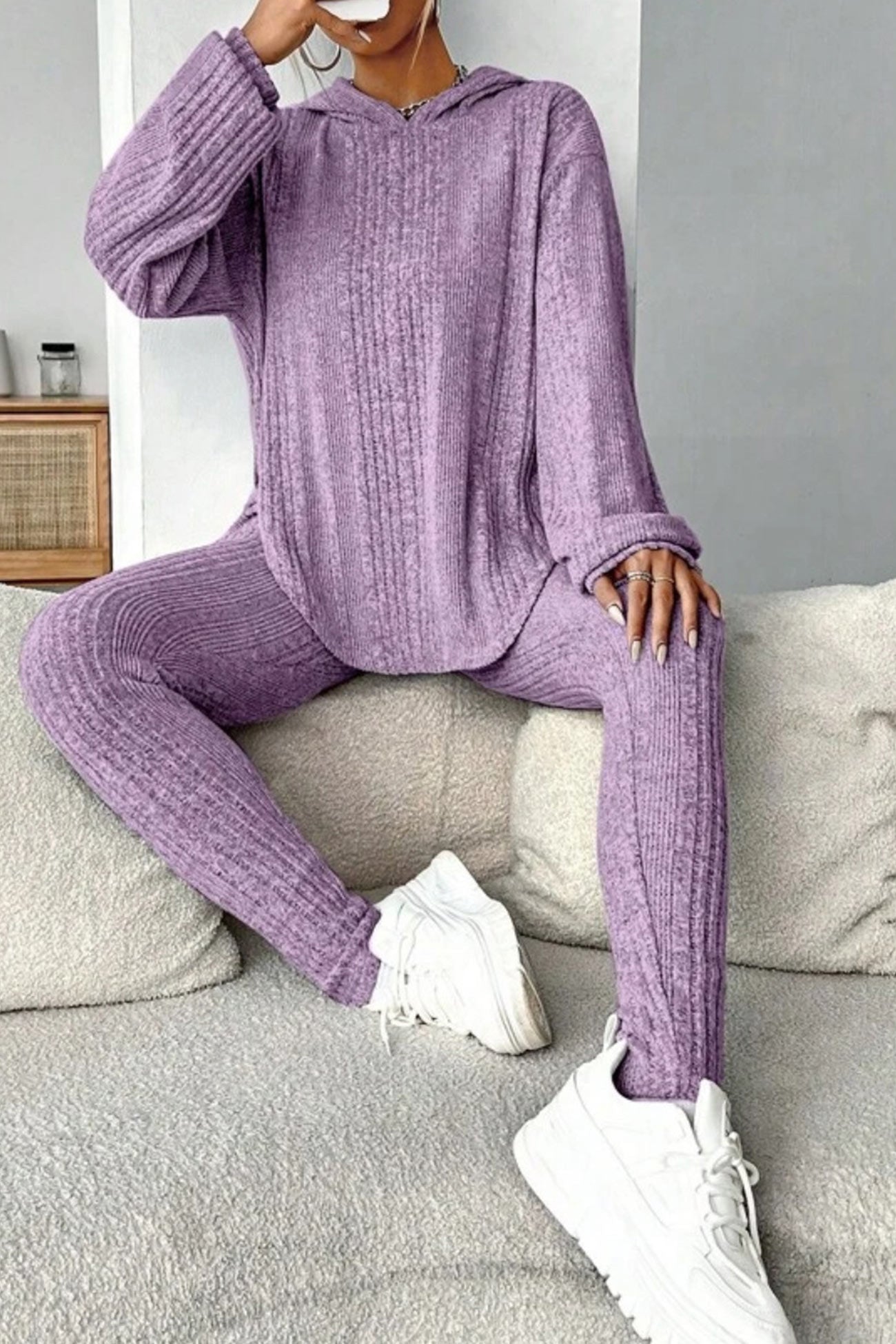 Ribbed Slit Curved Hem Hoodie Legging Set