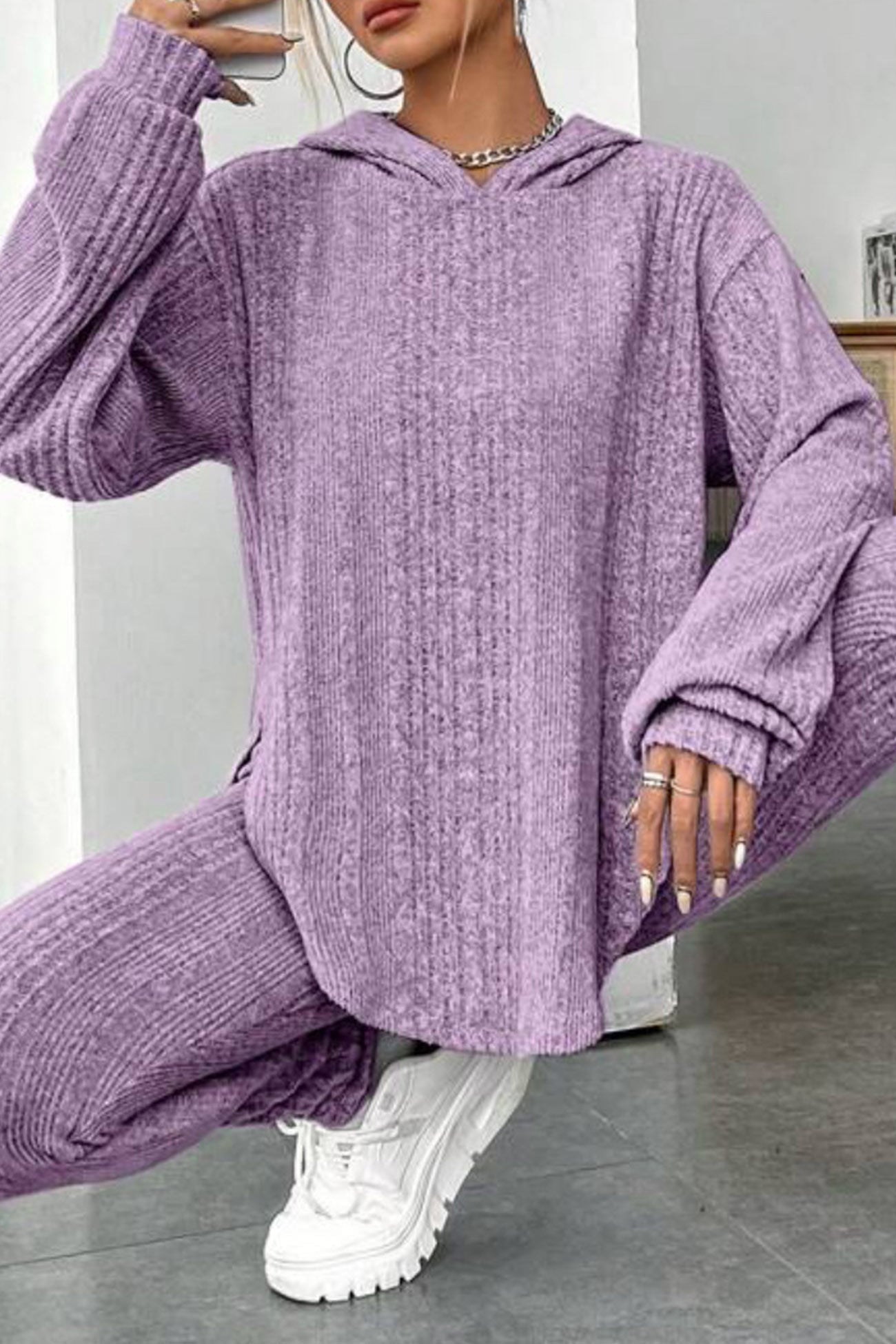 Ribbed Slit Curved Hem Hoodie Legging Set