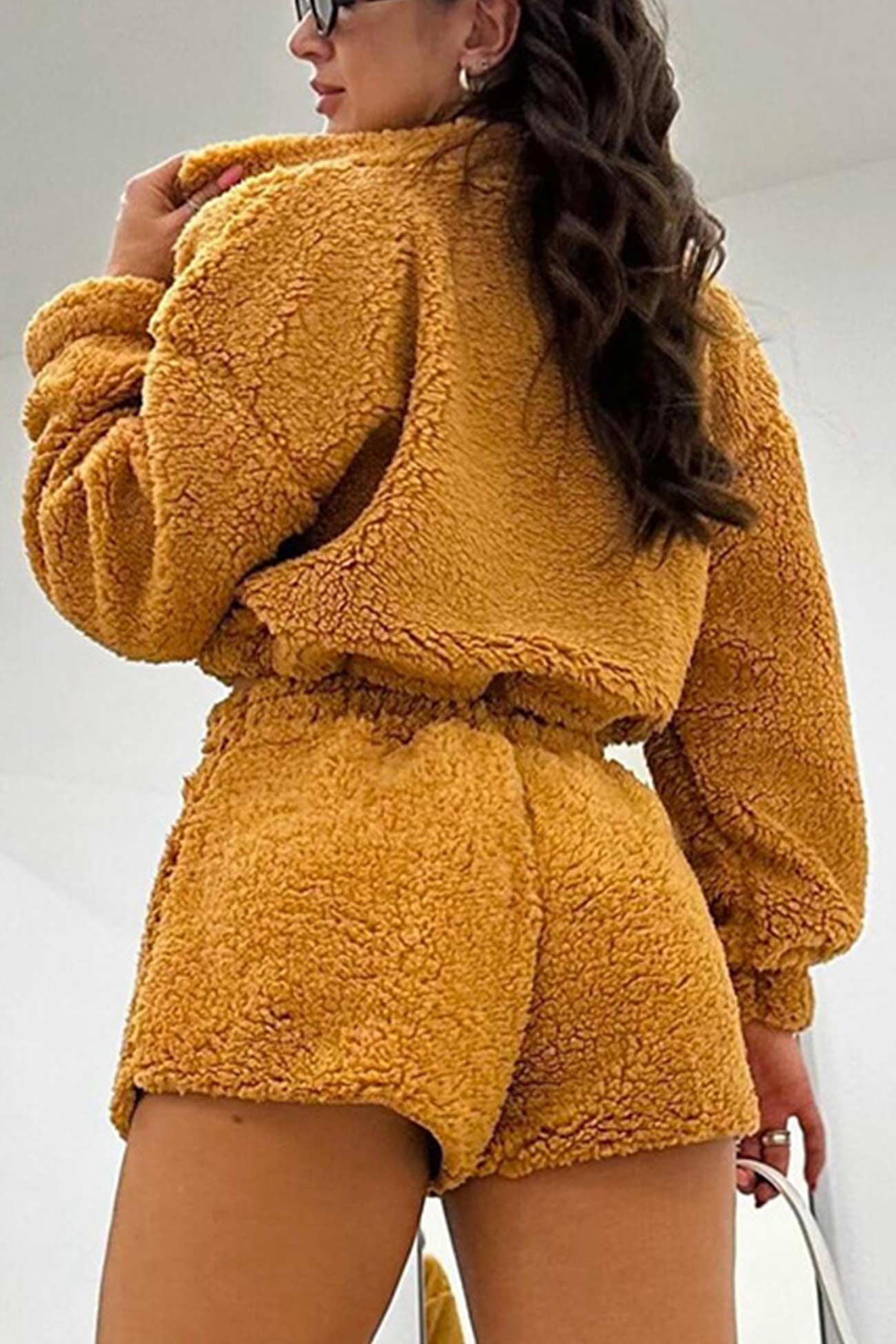 Plush Drawstring Crop Hoodie Shorts Set