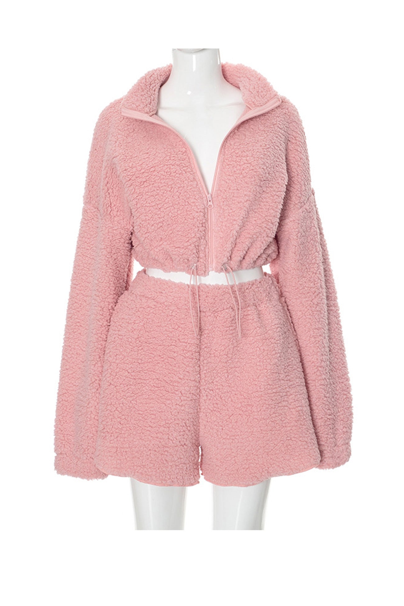 Plush Drawstring Crop Hoodie Shorts Set