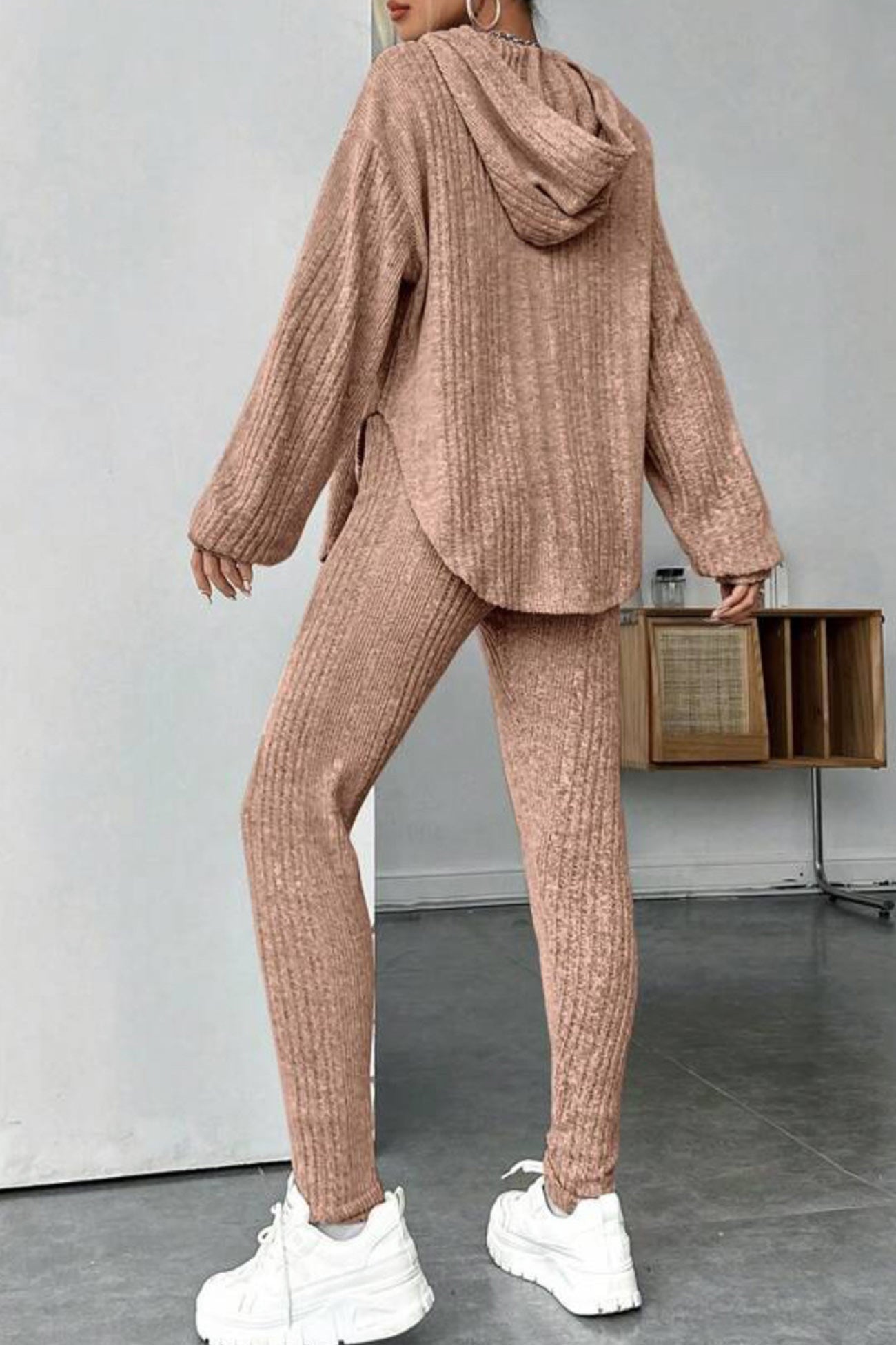 Ribbed Slit Curved Hem Hoodie Legging Set
